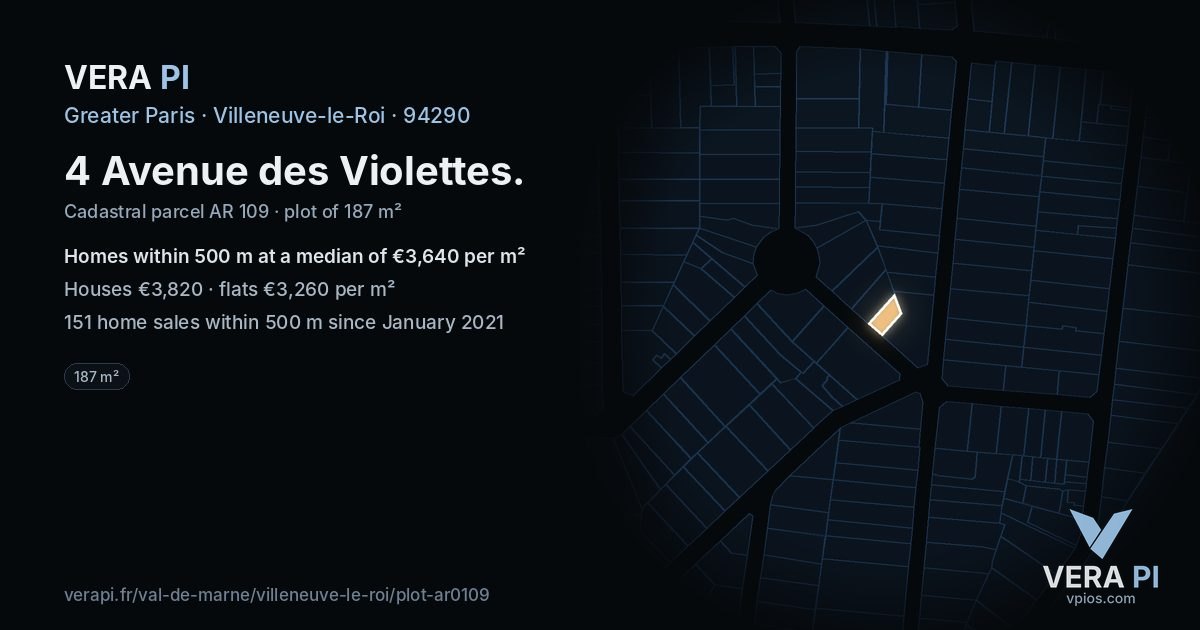 4 Avenue des Violettes, Villeneuve-le-Roi at night – the plot lit, the parcels around coloured by the prices near them