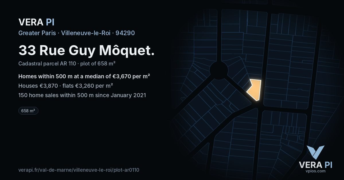 33 Rue Guy Môquet, Villeneuve-le-Roi at night – the plot lit, the parcels around coloured by the prices near them