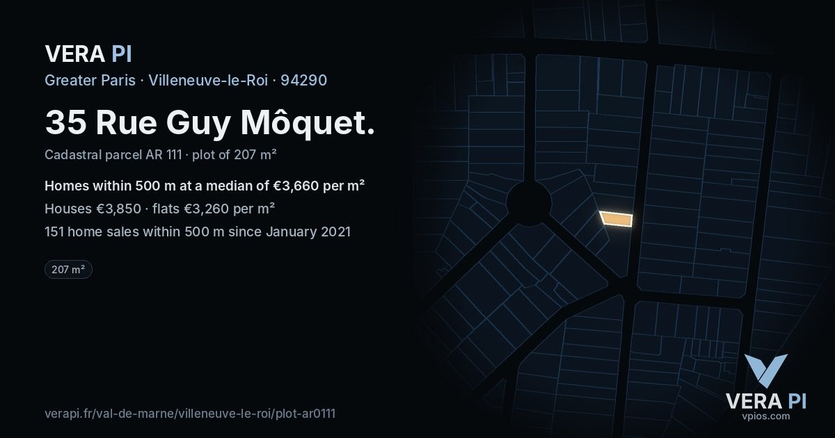 35 Rue Guy Môquet, Villeneuve-le-Roi at night – the plot lit, the parcels around coloured by the prices near them