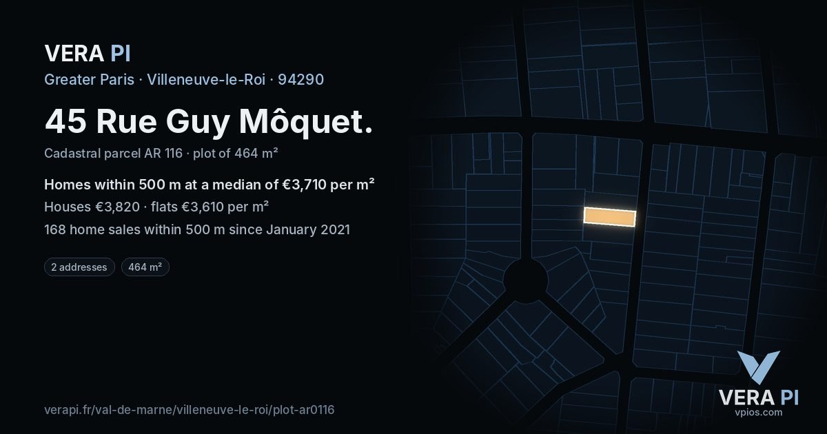 45 Rue Guy Môquet, Villeneuve-le-Roi at night – the plot lit, the parcels around coloured by the prices near them