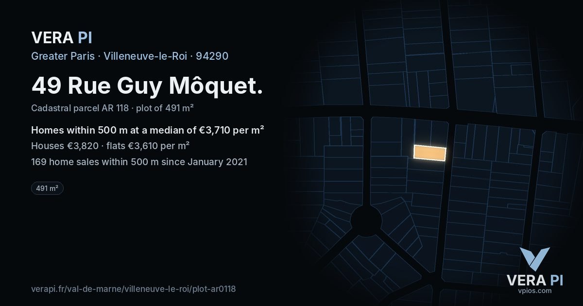49 Rue Guy Môquet, Villeneuve-le-Roi at night – the plot lit, the parcels around coloured by the prices near them
