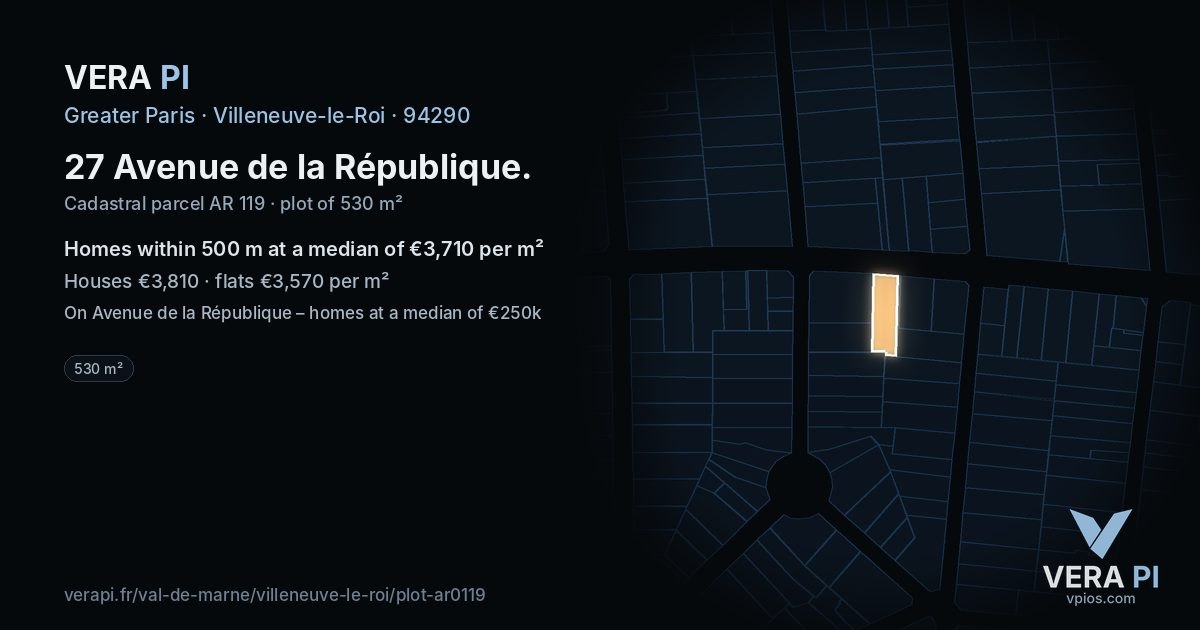 27 Avenue de la République, Villeneuve-le-Roi at night – the plot lit, the parcels around coloured by the prices near them