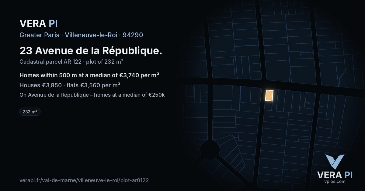 23 Avenue de la République, Villeneuve-le-Roi at night – the plot lit, the parcels around coloured by the prices near them