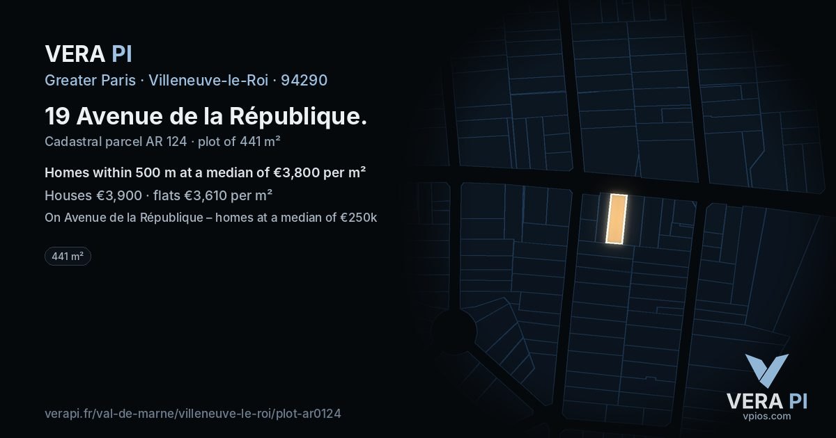 19 Avenue de la République, Villeneuve-le-Roi at night – the plot lit, the parcels around coloured by the prices near them