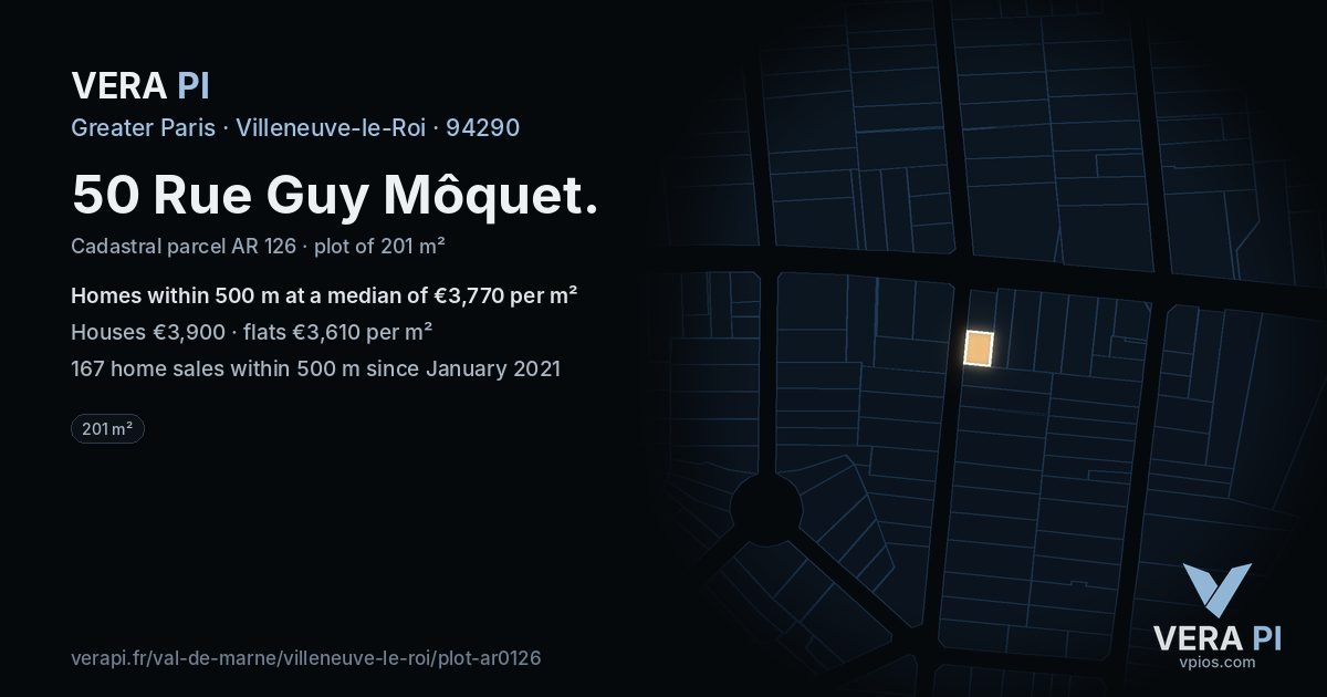 50 Rue Guy Môquet, Villeneuve-le-Roi at night – the plot lit, the parcels around coloured by the prices near them