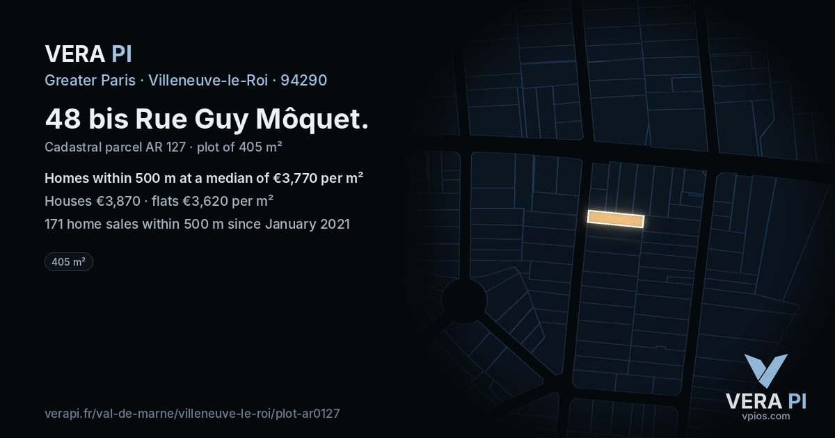 48 bis Rue Guy Môquet, Villeneuve-le-Roi at night – the plot lit, the parcels around coloured by the prices near them