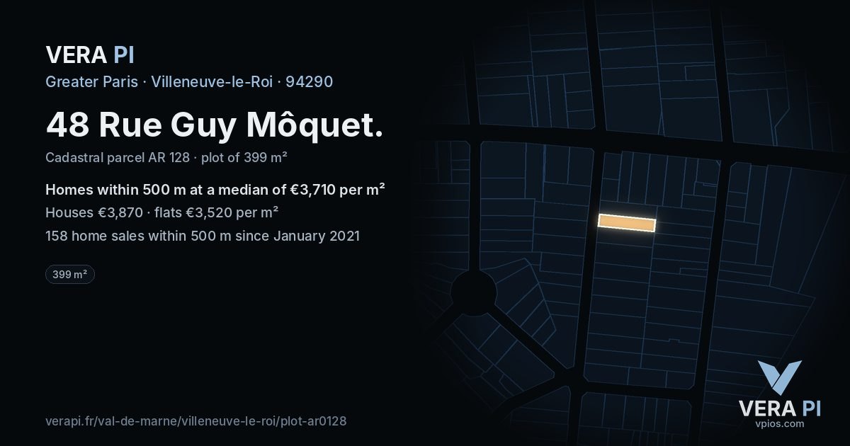 48 Rue Guy Môquet, Villeneuve-le-Roi at night – the plot lit, the parcels around coloured by the prices near them