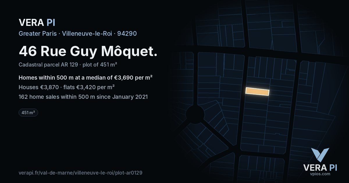 46 Rue Guy Môquet, Villeneuve-le-Roi at night – the plot lit, the parcels around coloured by the prices near them
