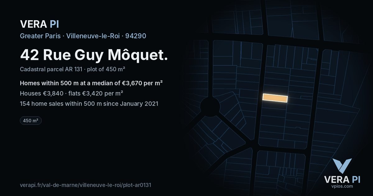 42 Rue Guy Môquet, Villeneuve-le-Roi at night – the plot lit, the parcels around coloured by the prices near them