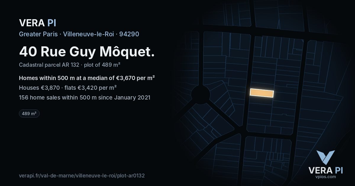 40 Rue Guy Môquet, Villeneuve-le-Roi at night – the plot lit, the parcels around coloured by the prices near them