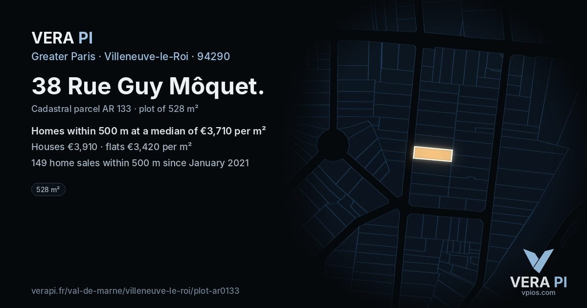 38 Rue Guy Môquet, Villeneuve-le-Roi at night – the plot lit, the parcels around coloured by the prices near them