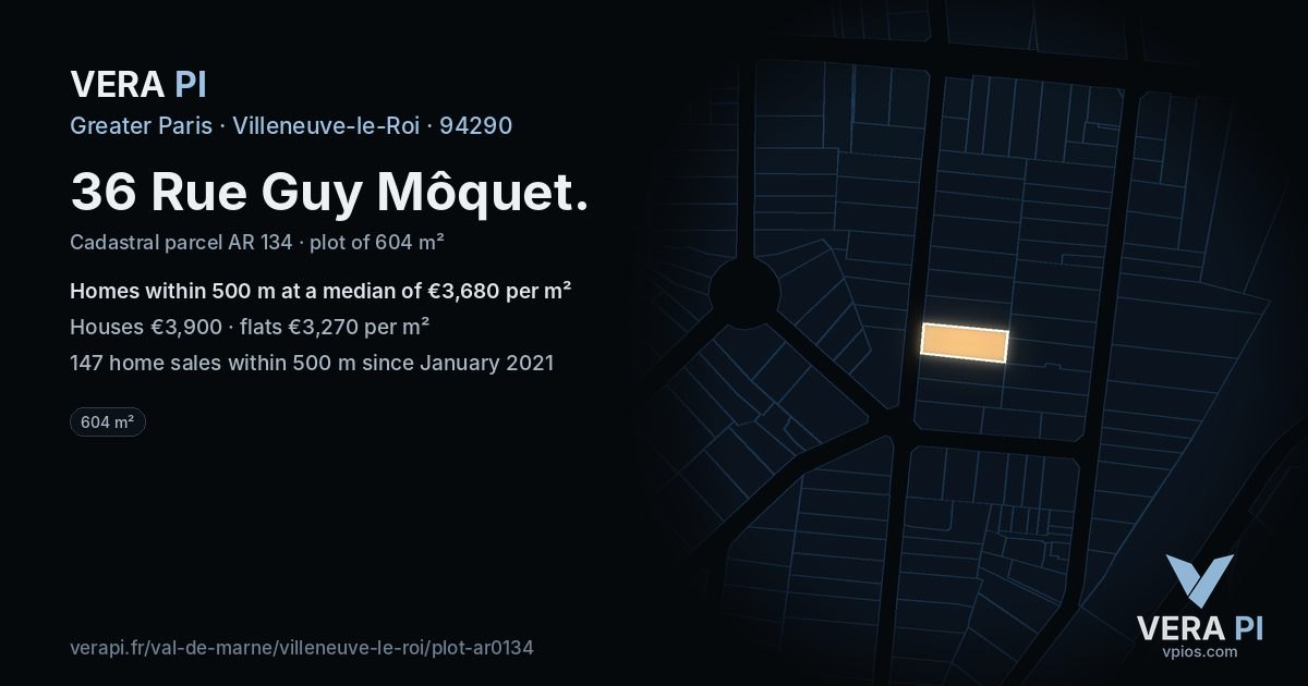 36 Rue Guy Môquet, Villeneuve-le-Roi at night – the plot lit, the parcels around coloured by the prices near them