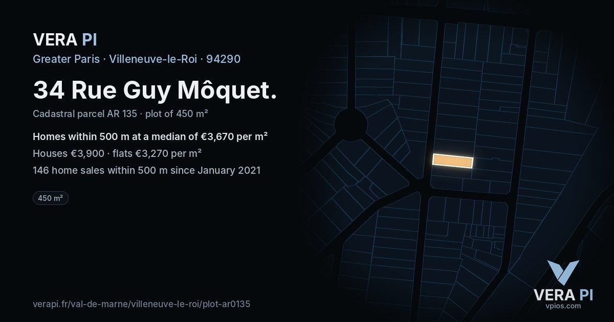 34 Rue Guy Môquet, Villeneuve-le-Roi at night – the plot lit, the parcels around coloured by the prices near them