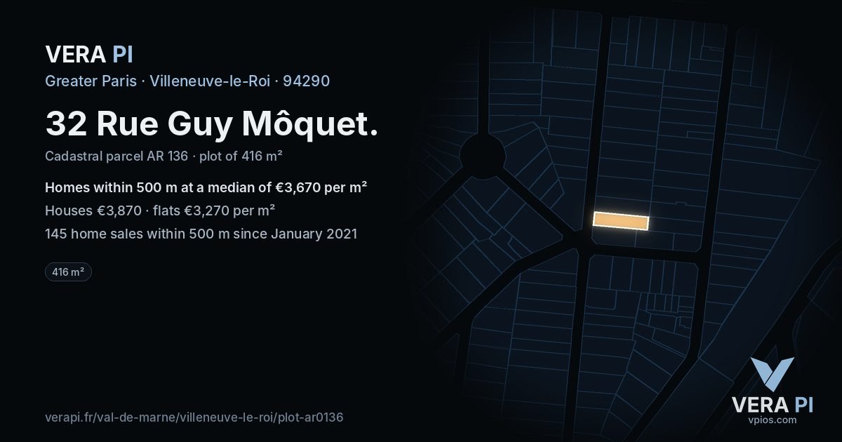 32 Rue Guy Môquet, Villeneuve-le-Roi at night – the plot lit, the parcels around coloured by the prices near them