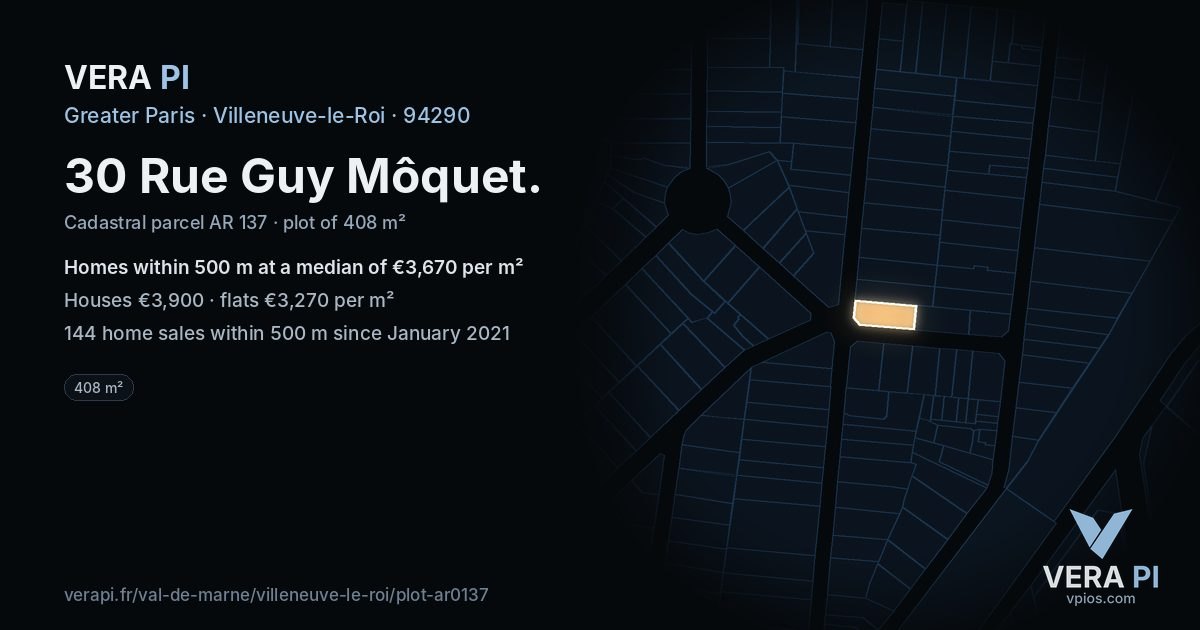 30 Rue Guy Môquet, Villeneuve-le-Roi at night – the plot lit, the parcels around coloured by the prices near them