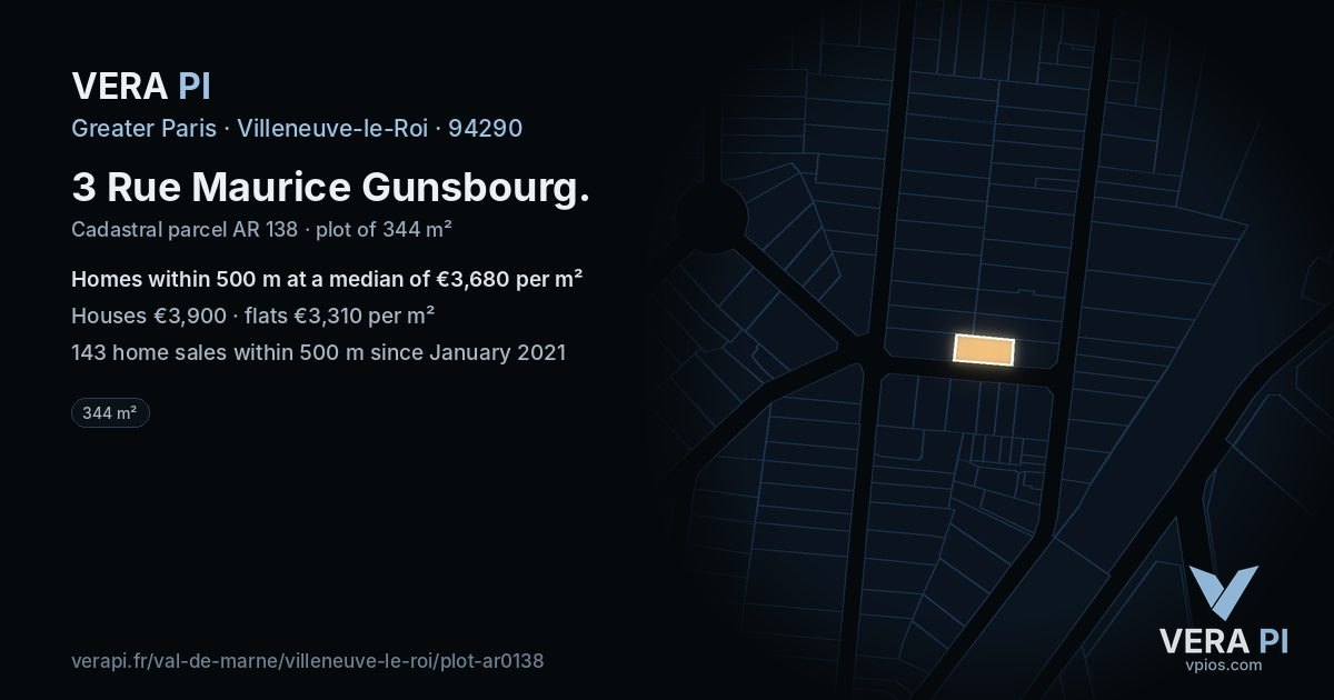 3 Rue Maurice Gunsbourg, Villeneuve-le-Roi at night – the plot lit, the parcels around coloured by the prices near them