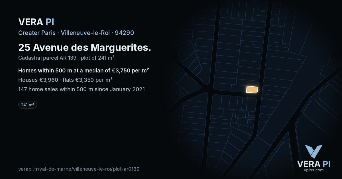 25 Avenue des Marguerites, Villeneuve-le-Roi at night – the plot lit, the parcels around coloured by the prices near them