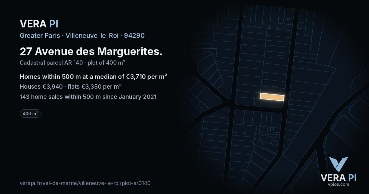 27 Avenue des Marguerites, Villeneuve-le-Roi at night – the plot lit, the parcels around coloured by the prices near them