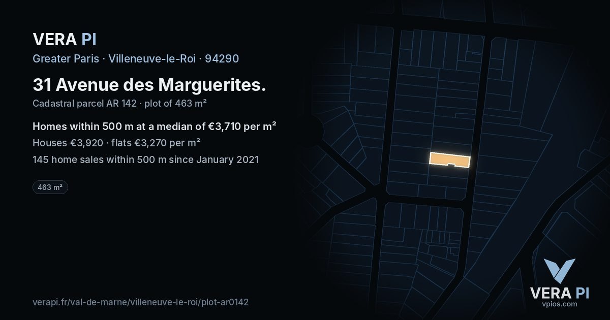 31 Avenue des Marguerites, Villeneuve-le-Roi at night – the plot lit, the parcels around coloured by the prices near them