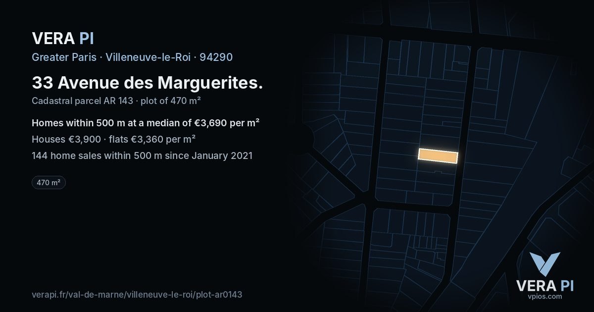 33 Avenue des Marguerites, Villeneuve-le-Roi at night – the plot lit, the parcels around coloured by the prices near them