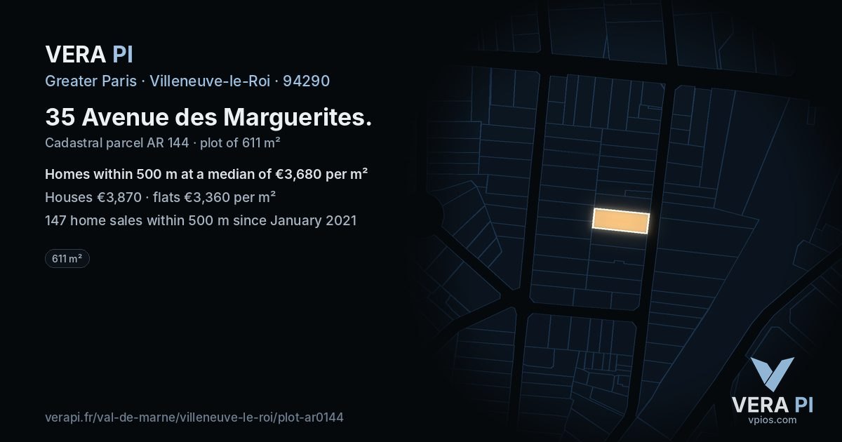 35 Avenue des Marguerites, Villeneuve-le-Roi at night – the plot lit, the parcels around coloured by the prices near them