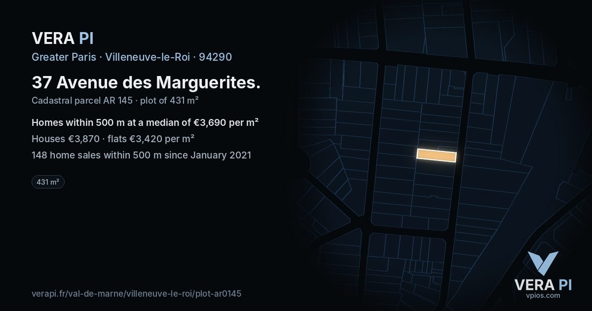 37 Avenue des Marguerites, Villeneuve-le-Roi at night – the plot lit, the parcels around coloured by the prices near them