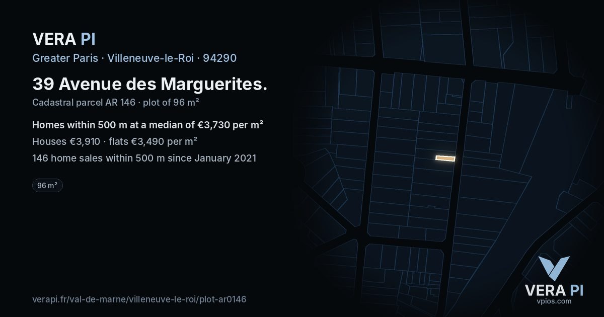 39 Avenue des Marguerites, Villeneuve-le-Roi at night – the plot lit, the parcels around coloured by the prices near them