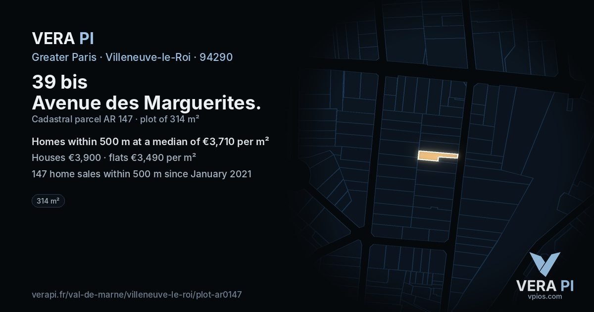 39 bis Avenue des Marguerites, Villeneuve-le-Roi at night – the plot lit, the parcels around coloured by the prices near them