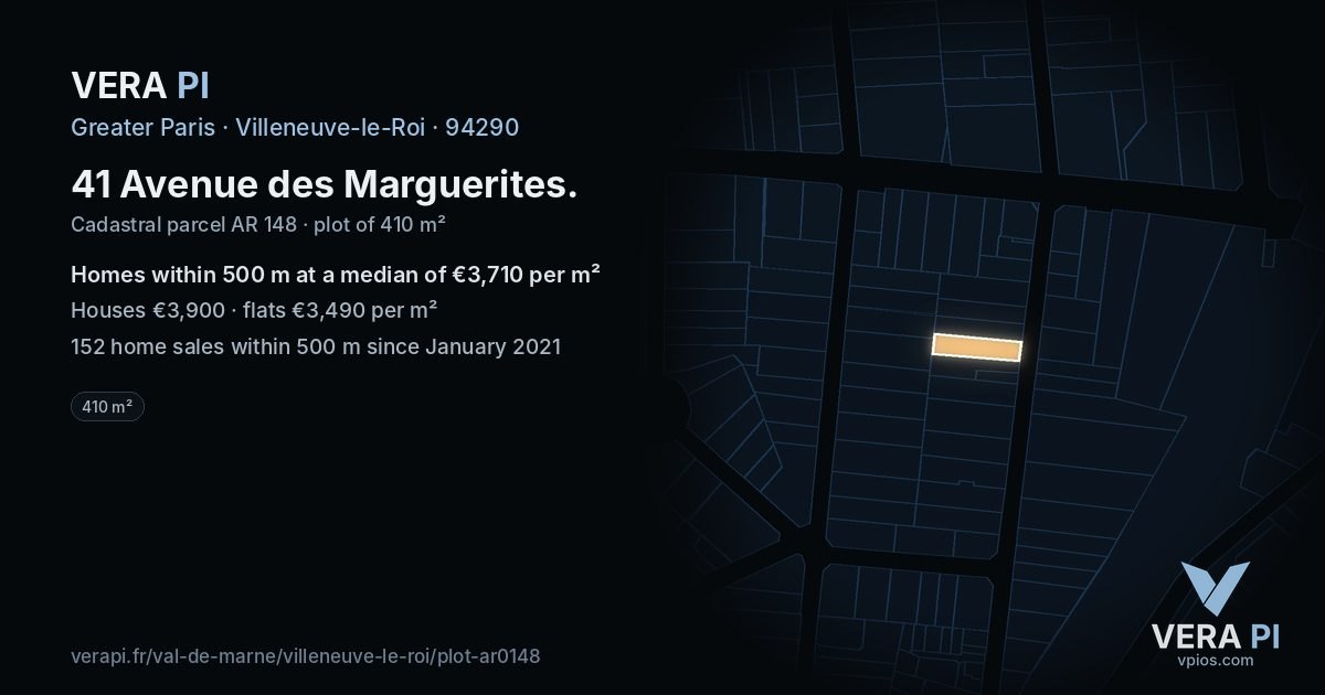 41 Avenue des Marguerites, Villeneuve-le-Roi at night – the plot lit, the parcels around coloured by the prices near them