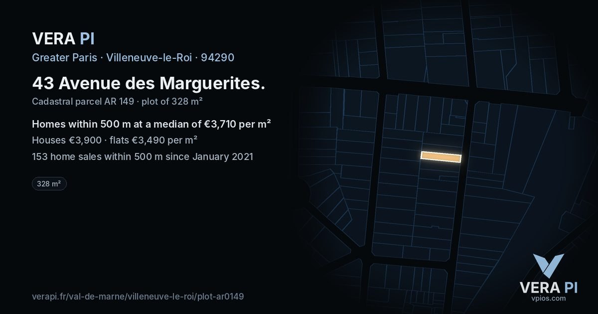 43 Avenue des Marguerites, Villeneuve-le-Roi at night – the plot lit, the parcels around coloured by the prices near them