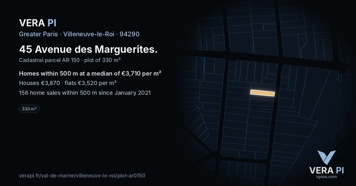 45 Avenue des Marguerites, Villeneuve-le-Roi at night – the plot lit, the parcels around coloured by the prices near them