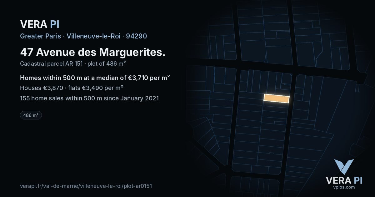 47 Avenue des Marguerites, Villeneuve-le-Roi at night – the plot lit, the parcels around coloured by the prices near them