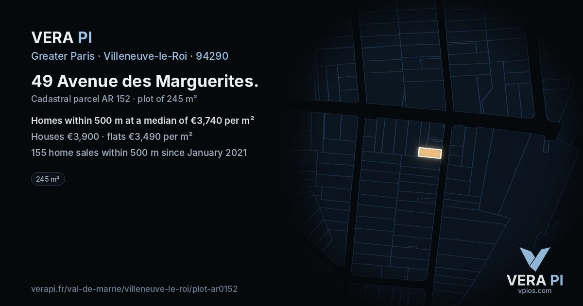 49 Avenue des Marguerites, Villeneuve-le-Roi at night – the plot lit, the parcels around coloured by the prices near them
