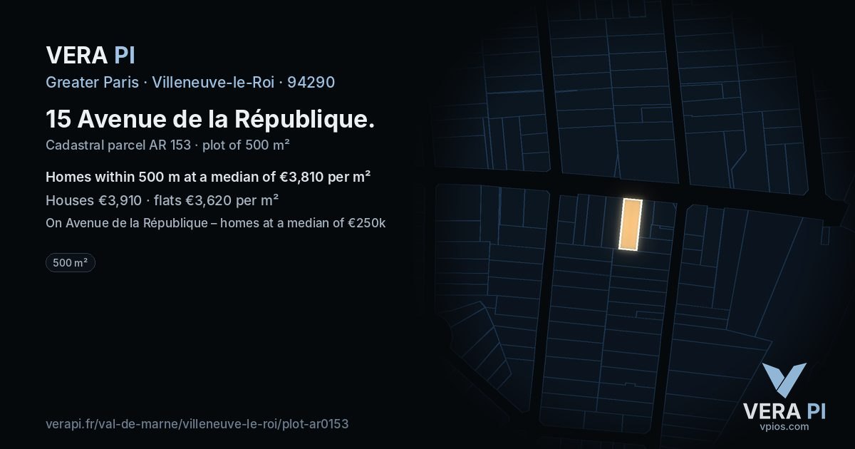 15 Avenue de la République, Villeneuve-le-Roi at night – the plot lit, the parcels around coloured by the prices near them