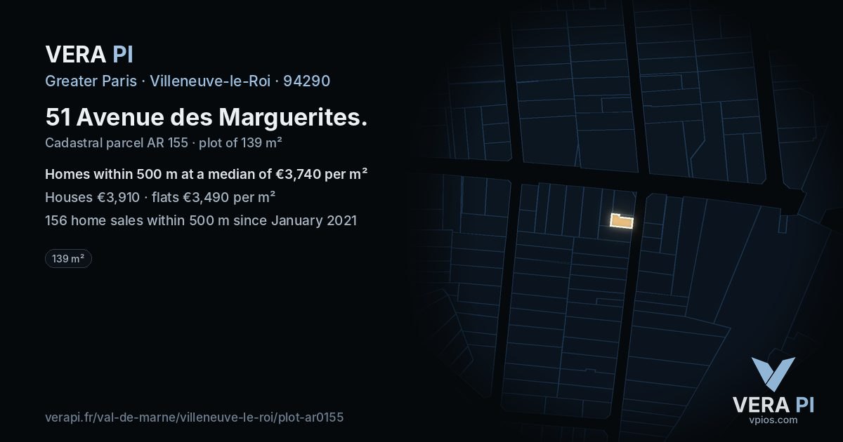 51 Avenue des Marguerites, Villeneuve-le-Roi at night – the plot lit, the parcels around coloured by the prices near them
