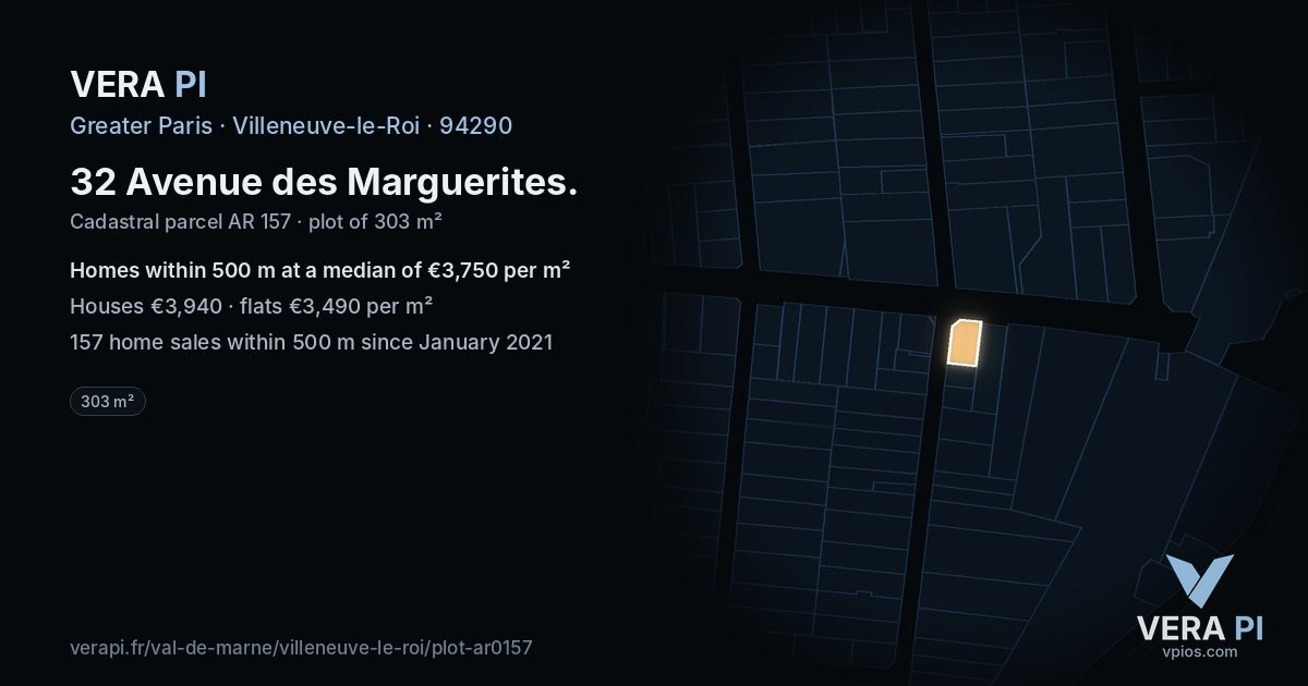 32 Avenue des Marguerites, Villeneuve-le-Roi at night – the plot lit, the parcels around coloured by the prices near them