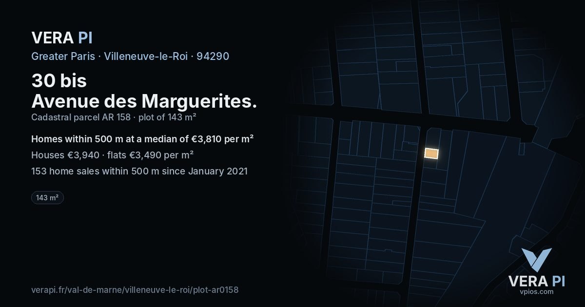 30 bis Avenue des Marguerites, Villeneuve-le-Roi at night – the plot lit, the parcels around coloured by the prices near them