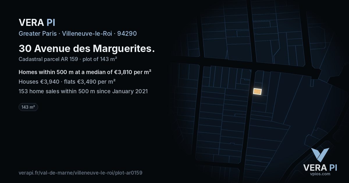 30 Avenue des Marguerites, Villeneuve-le-Roi at night – the plot lit, the parcels around coloured by the prices near them