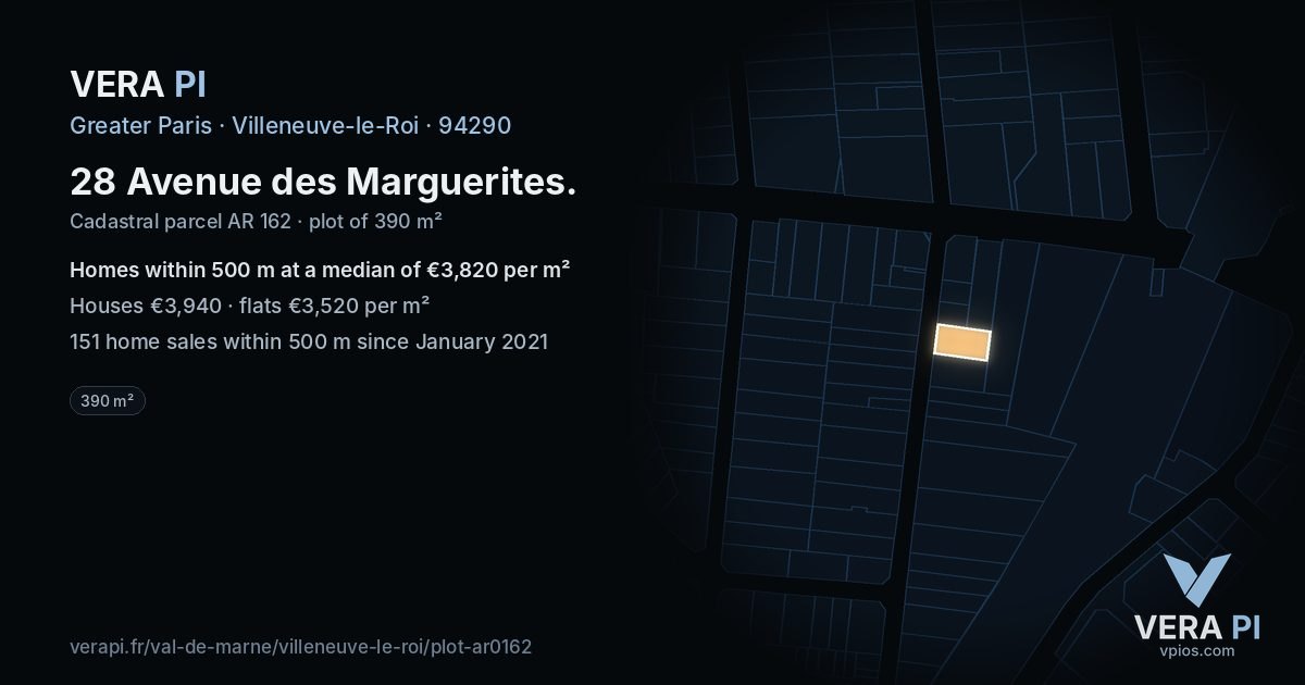 28 Avenue des Marguerites, Villeneuve-le-Roi at night – the plot lit, the parcels around coloured by the prices near them