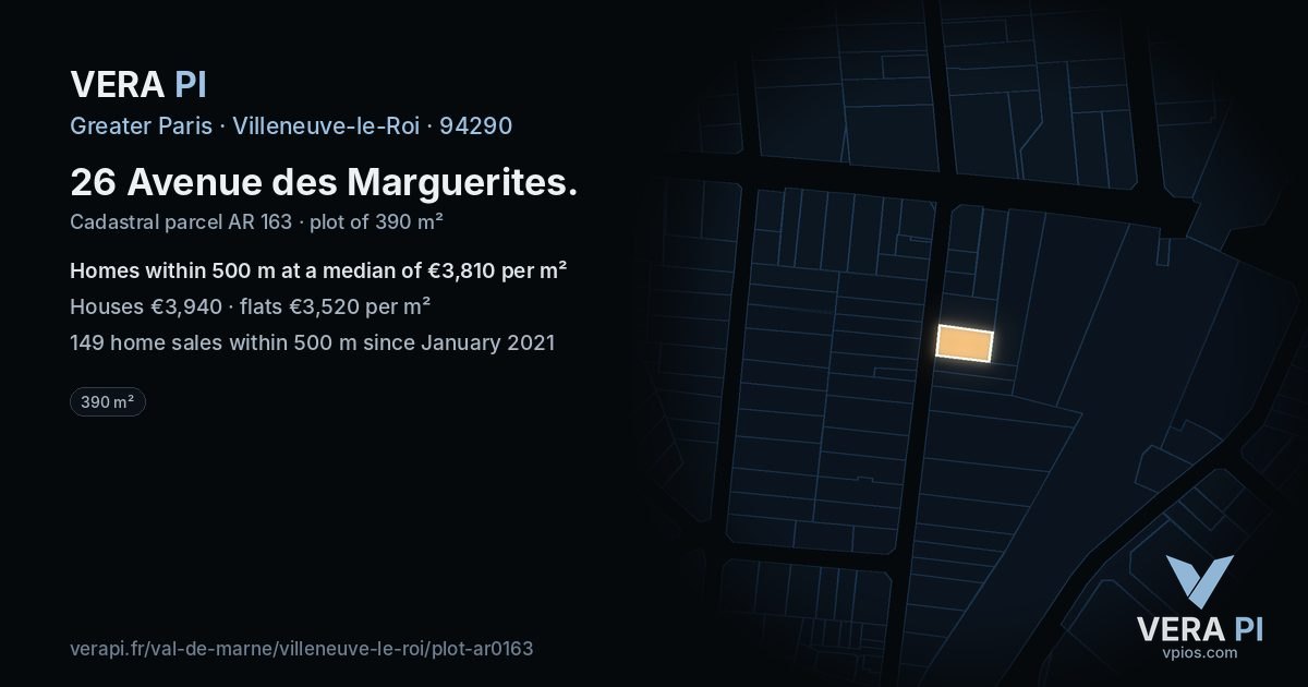 26 Avenue des Marguerites, Villeneuve-le-Roi at night – the plot lit, the parcels around coloured by the prices near them