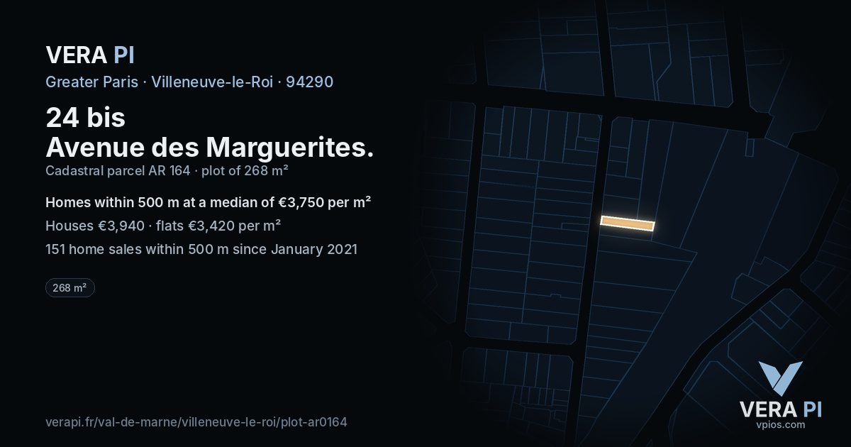 24 bis Avenue des Marguerites, Villeneuve-le-Roi at night – the plot lit, the parcels around coloured by the prices near them
