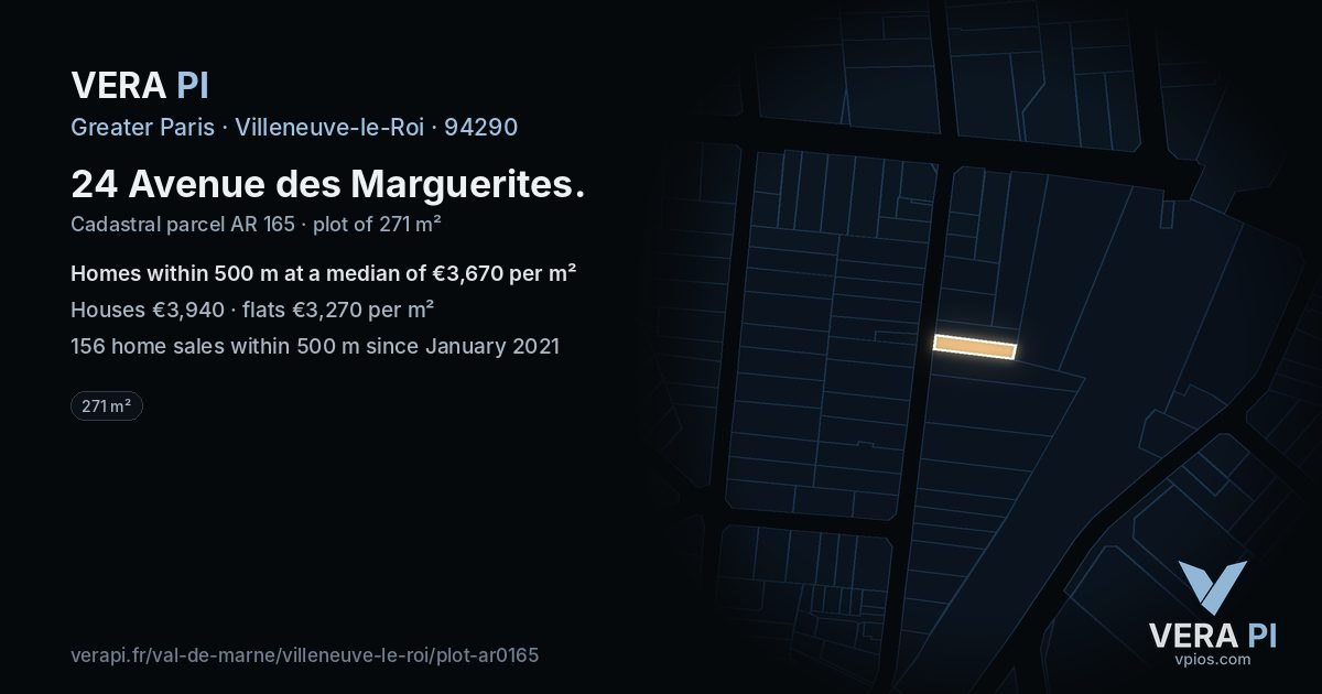 24 Avenue des Marguerites, Villeneuve-le-Roi at night – the plot lit, the parcels around coloured by the prices near them