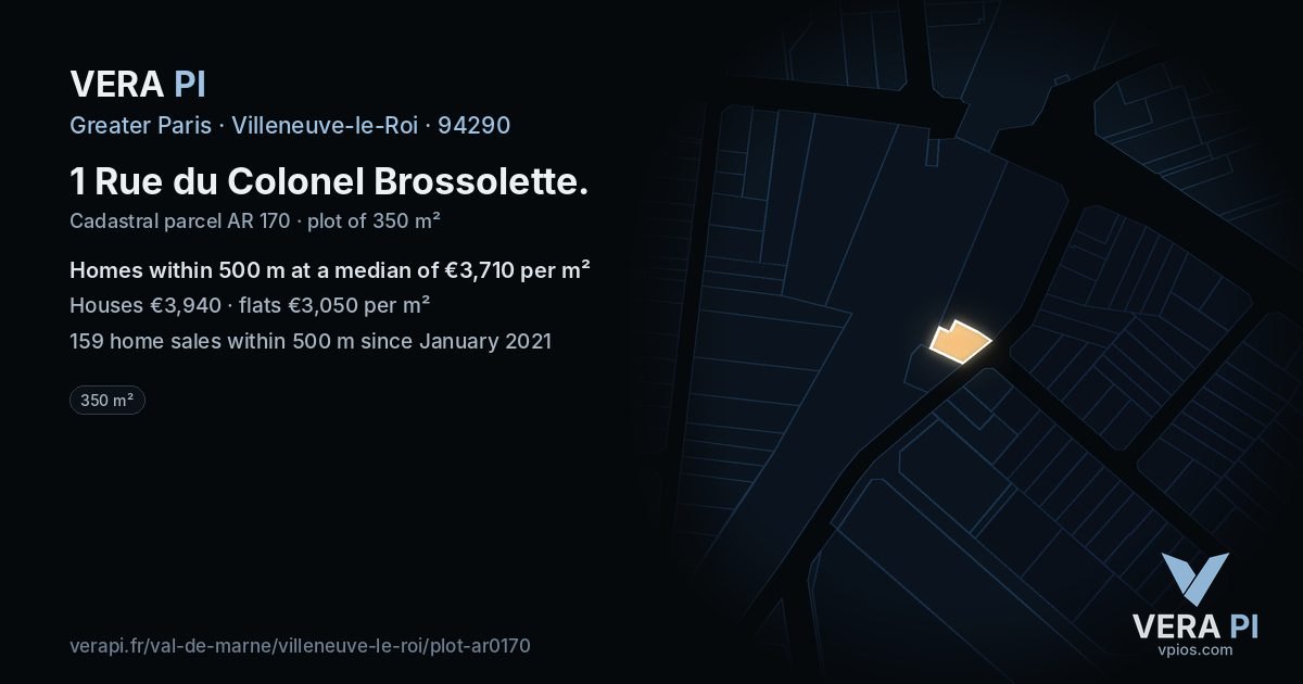 1 Rue du Colonel Brossolette, Villeneuve-le-Roi at night – the plot lit, the parcels around coloured by the prices near them