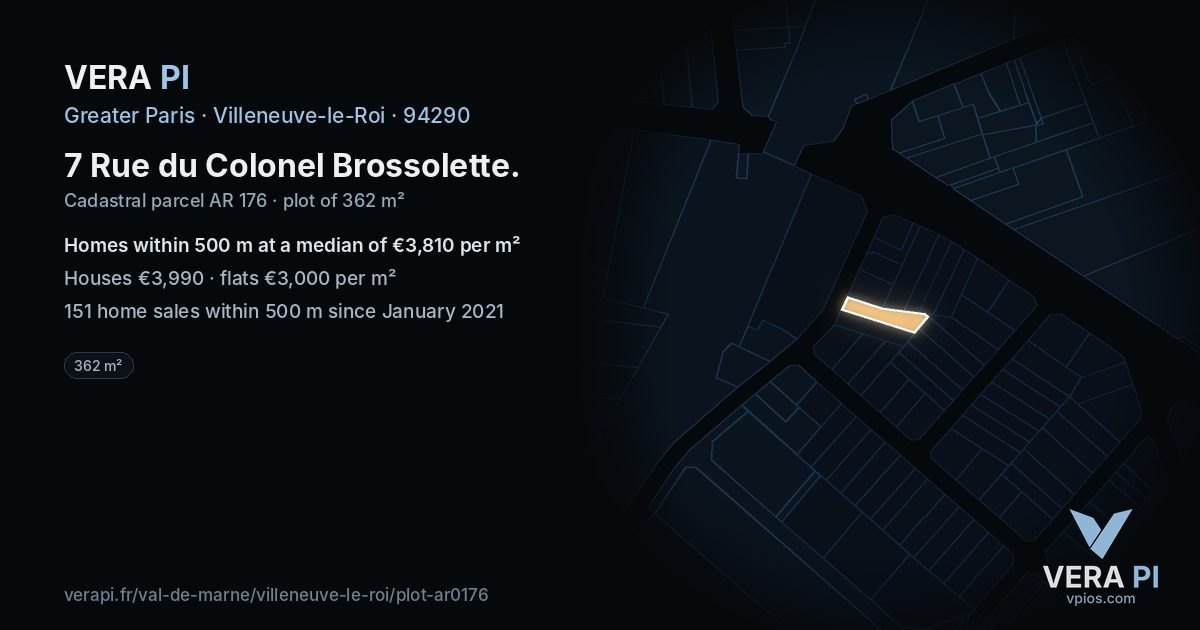 7 Rue du Colonel Brossolette, Villeneuve-le-Roi at night – the plot lit, the parcels around coloured by the prices near them