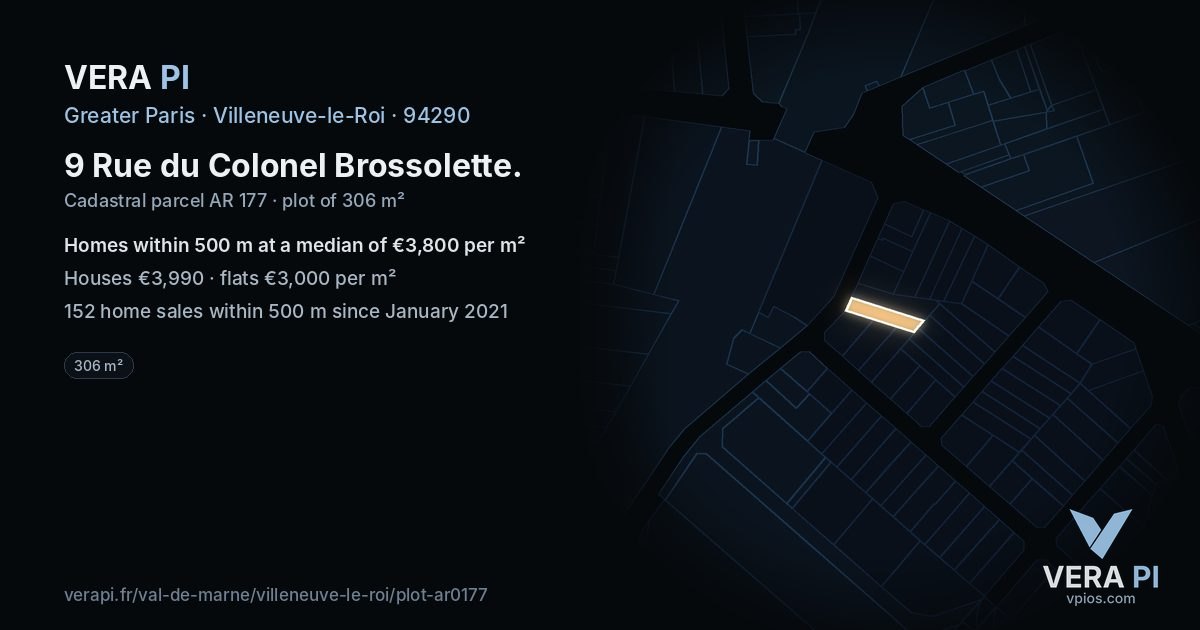 9 Rue du Colonel Brossolette, Villeneuve-le-Roi at night – the plot lit, the parcels around coloured by the prices near them