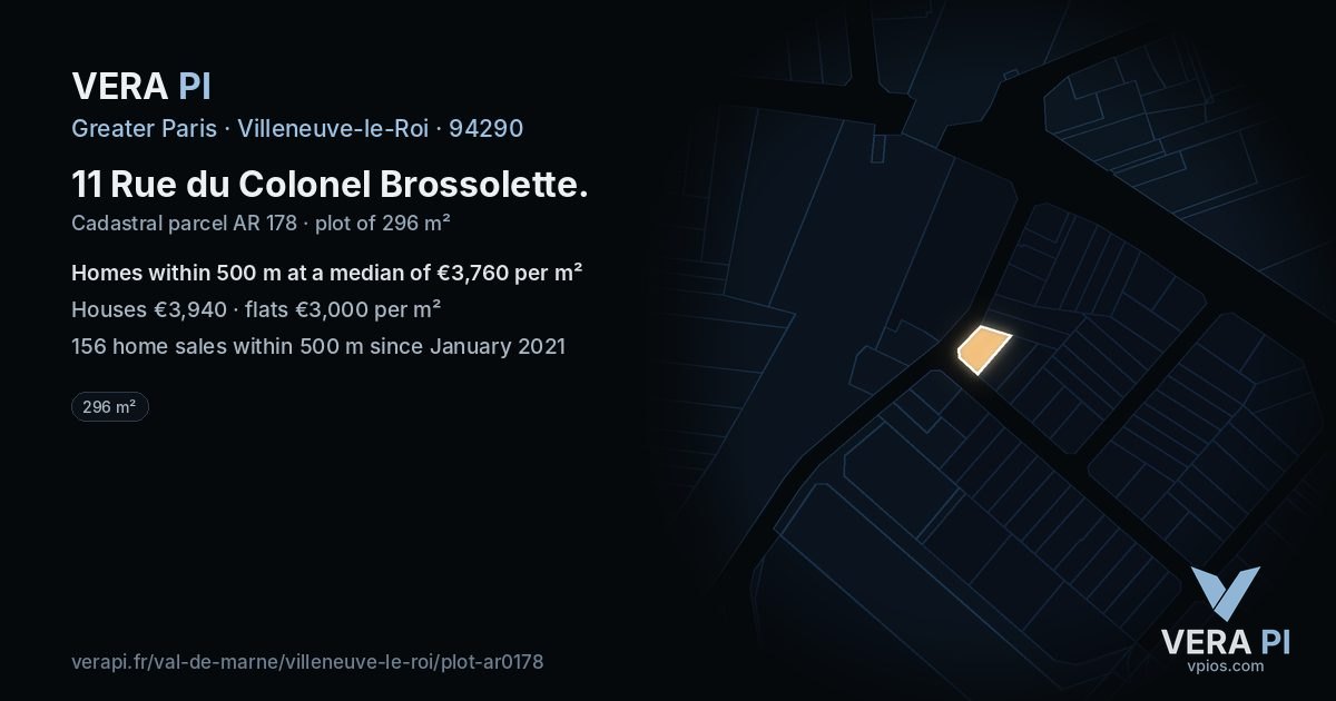 11 Rue du Colonel Brossolette, Villeneuve-le-Roi at night – the plot lit, the parcels around coloured by the prices near them