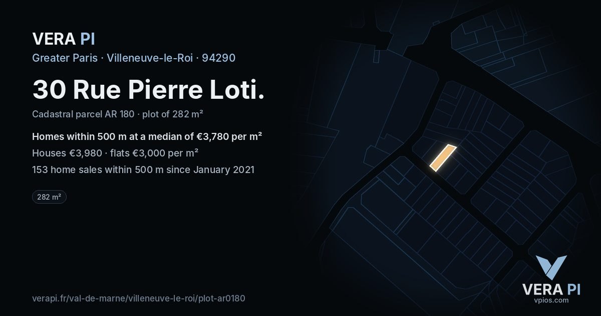 30 Rue Pierre Loti, Villeneuve-le-Roi at night – the plot lit, the parcels around coloured by the prices near them