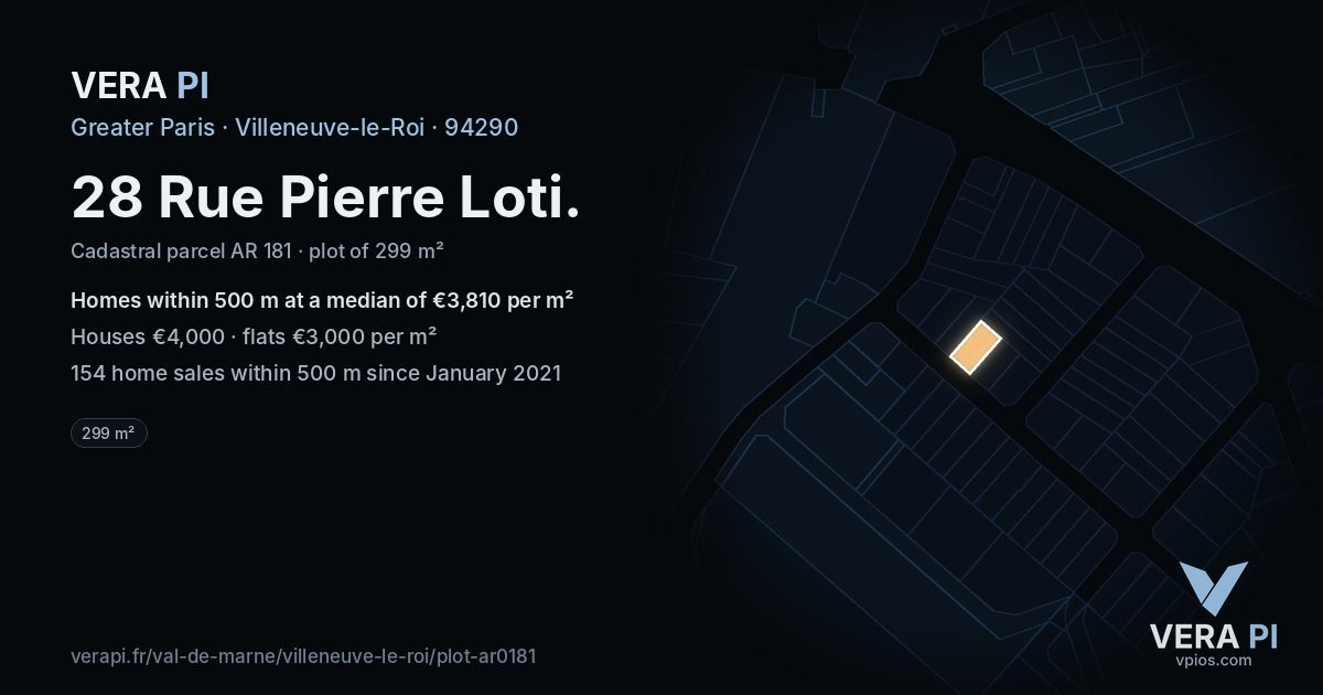 28 Rue Pierre Loti, Villeneuve-le-Roi at night – the plot lit, the parcels around coloured by the prices near them