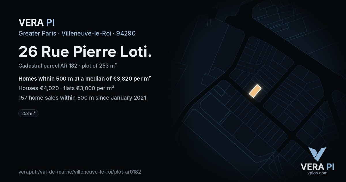 26 Rue Pierre Loti, Villeneuve-le-Roi at night – the plot lit, the parcels around coloured by the prices near them