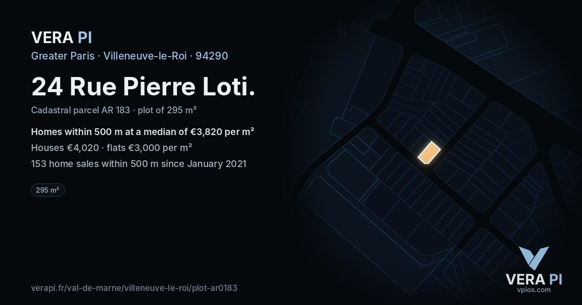 24 Rue Pierre Loti, Villeneuve-le-Roi at night – the plot lit, the parcels around coloured by the prices near them